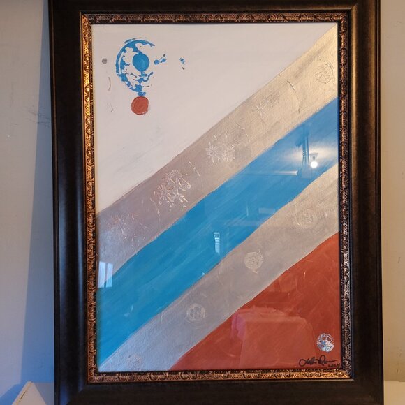 Silver colorful decor,  original painting in acrylics framed 22"×30in. - Picture 2 of 2